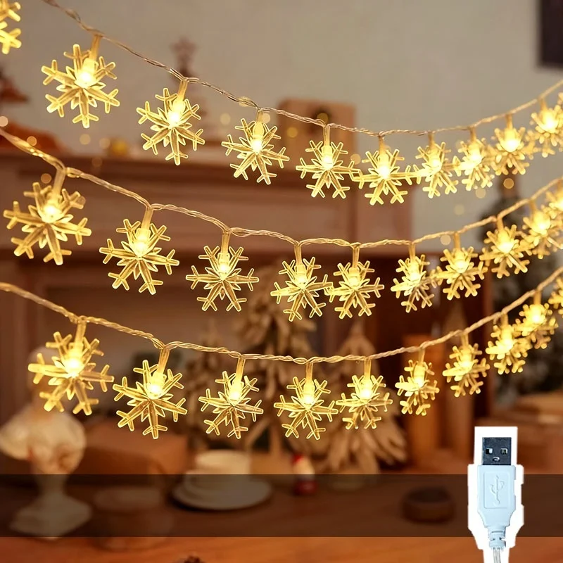 Snowflake LED String Lights - Festive USB-Powered Decoration for Christmas, Weddings, and Parties