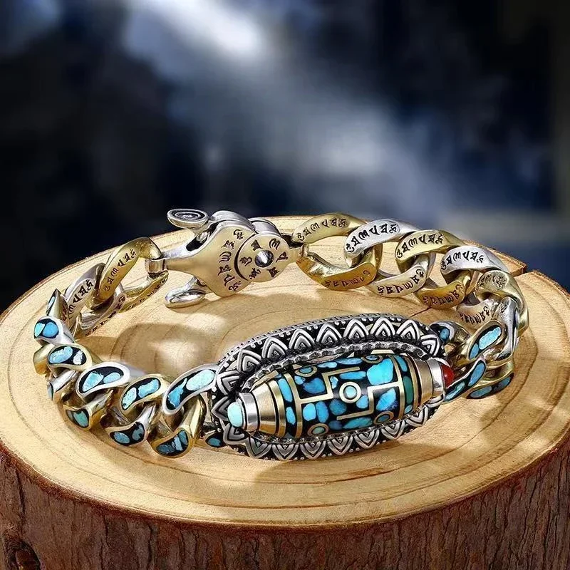 CHUANGCHENG S925 Sterling Silver Individualized Turquoise Six Character True Words, Nine Eyes Tianzhu Men's Women's Bracelet