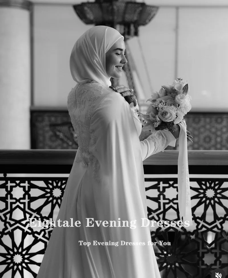 Eightale Muslim Wedding Dress High Neck Satin Customized Beaded Sashes Arabic Bridal Gown Long Sleeves Vestido De Noiva 3