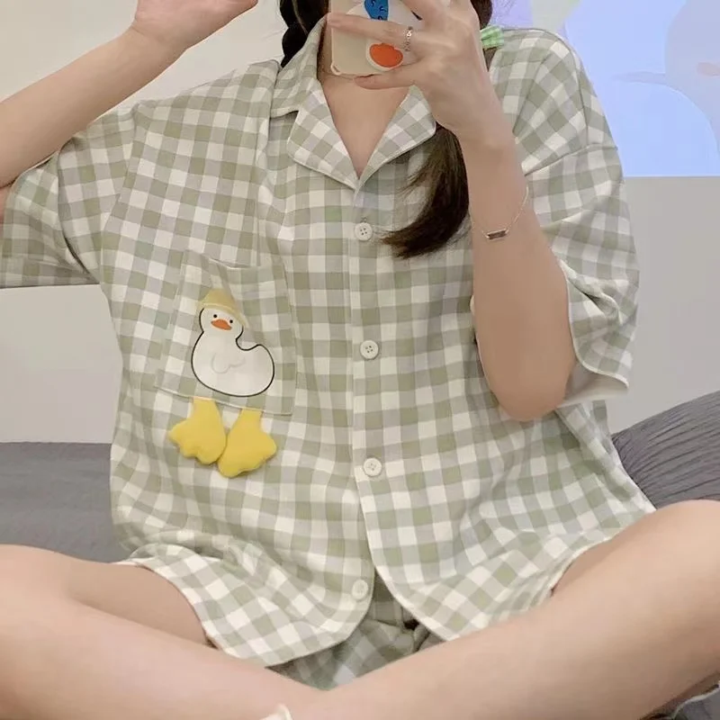 

Новинка, летние мягкие хлопковые Пижамные комплекты для женщин, домашняя одежда в кавайном стиле, одежда для сна для девочек, шорты с коротким рукавом, пижамные костюмы для отдыха