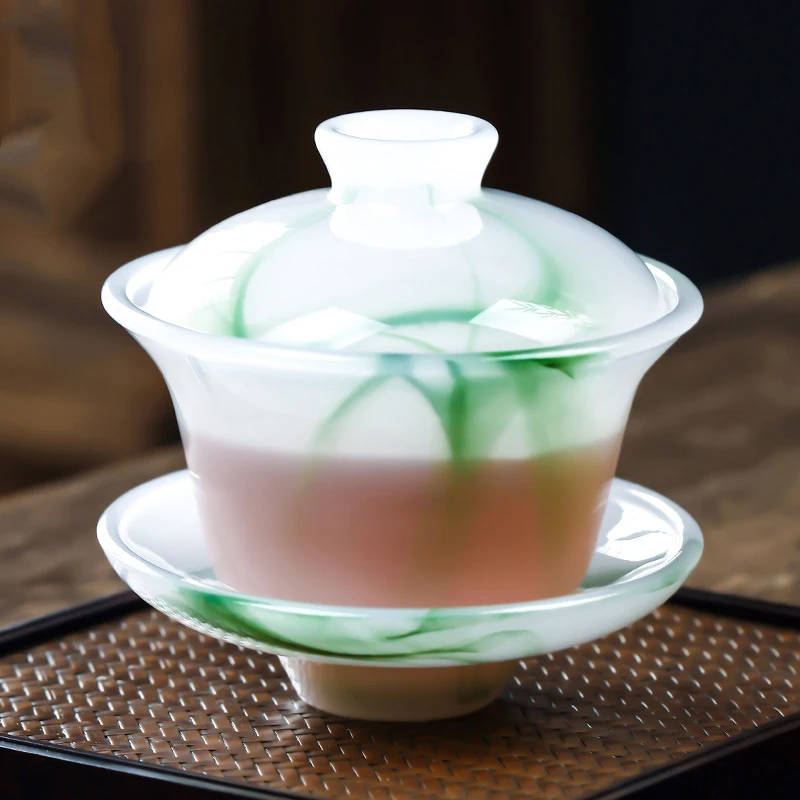 Emerald Green Ink Tea Cup Jade Porcelain Sancai Covered Bowl Tea Bowl Tureen Glass Kungfu Set Accessories Gift