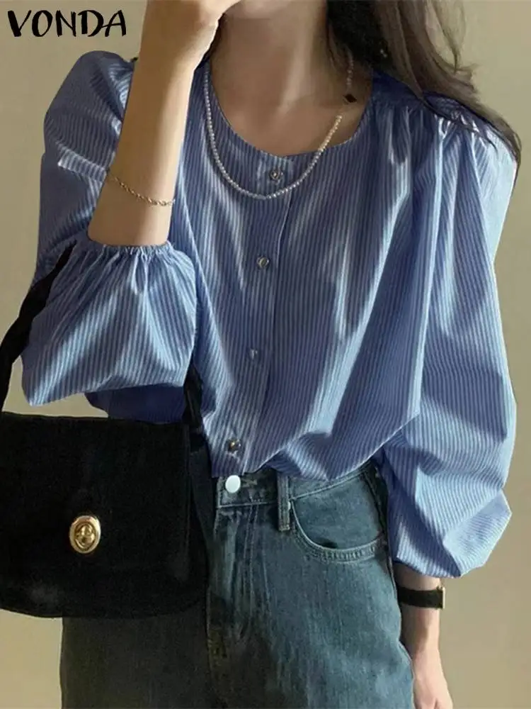 

Women Striped Shirts Elegant Tops Fashion Long Sleeve Round Neck Buttons Autumn Blouse 2023 VONDA Casual Loose Blusas Streetwear