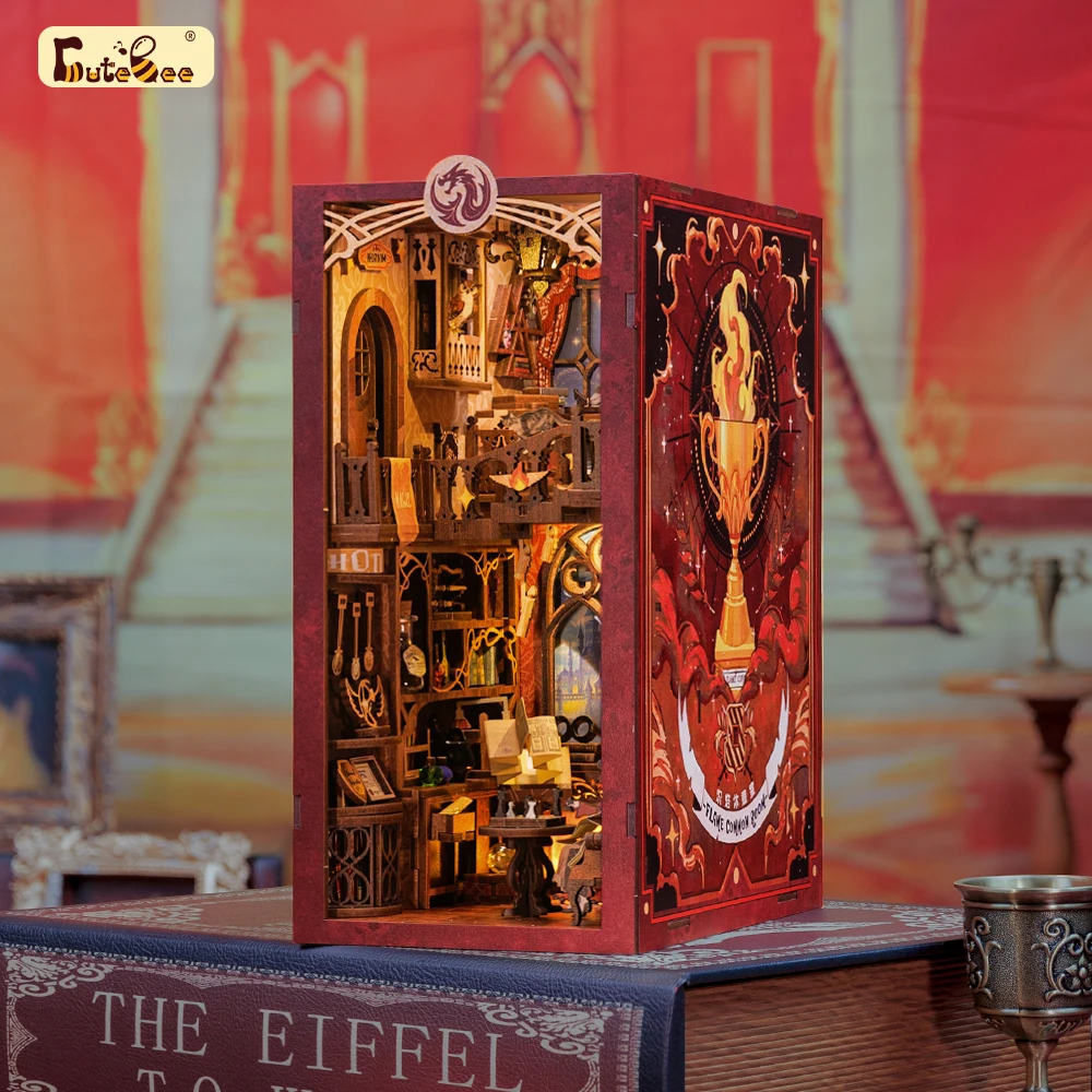 Cutebee Diy Book Nook Casa Delle Bambole Puzzle 3D Con Touch Light Dust Cover Bookshelf Insert Roombox Toy For Gifts Flame Common Room