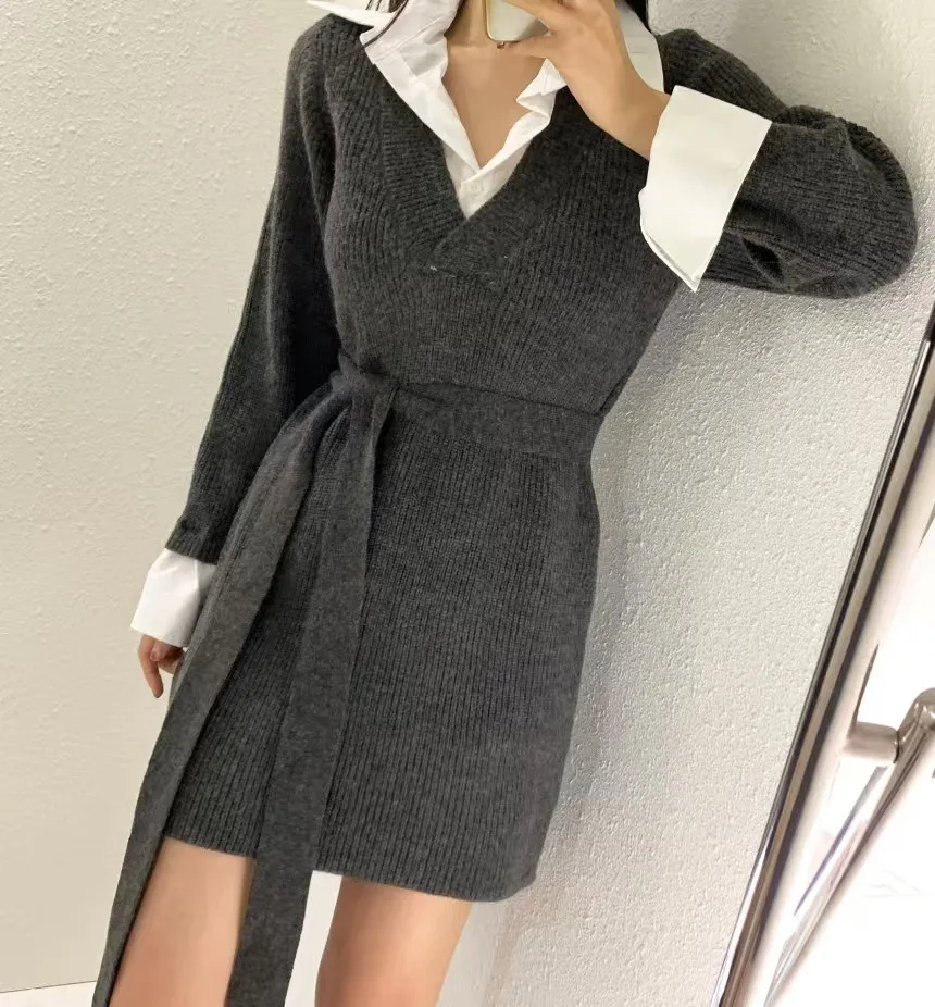 Korean Chic Mini Dresses Women Turn-down Collar Long Sleeve Shirt Patchwork Autumn Winter Knitted Dress Casual Fashion Vestidos