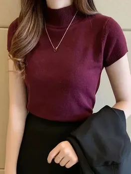 تي شيرت نسائي برقبة عالية تي شيرت عصري بلوزات غير رسمية على الطراز الكوري ملابس أنيقة بلون سادة لموسم الربيع والصيف 2
