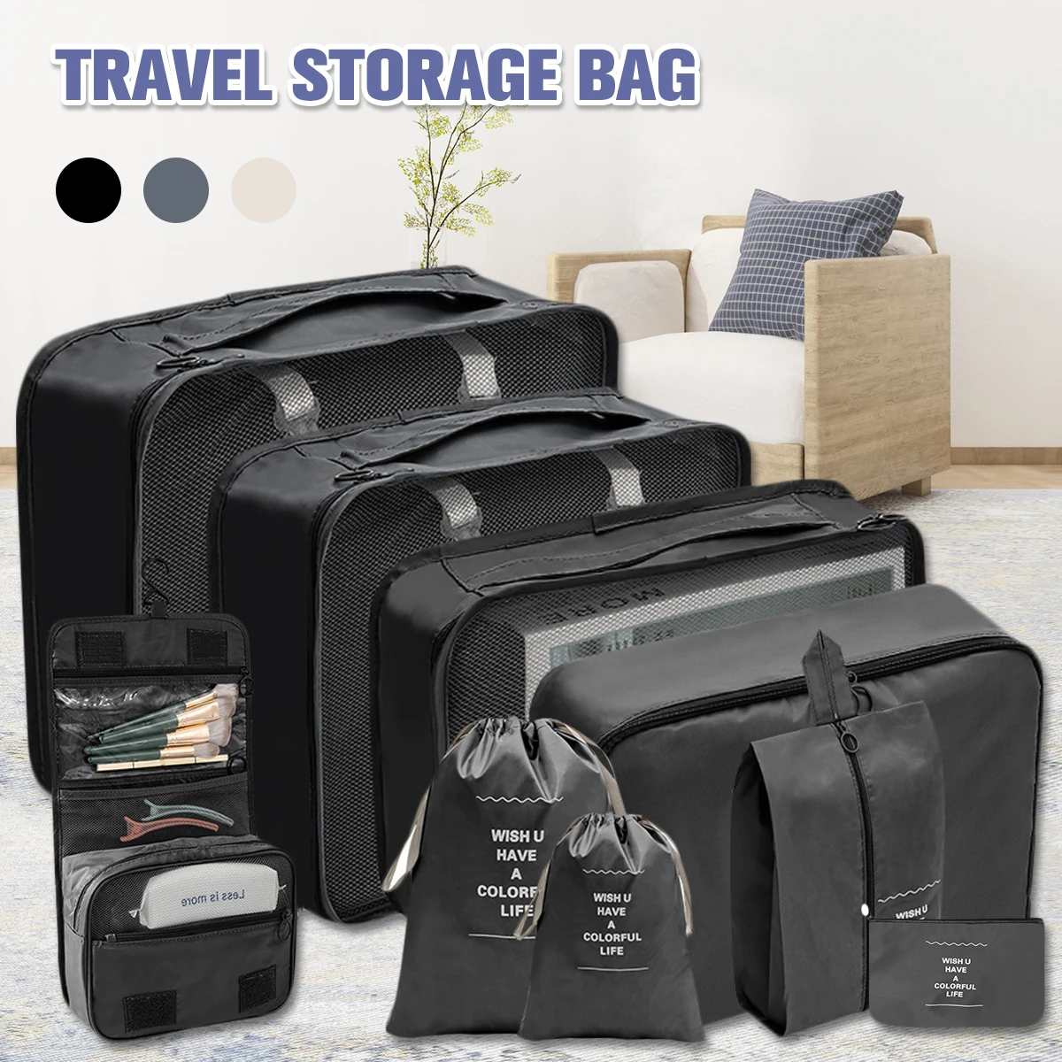 

9Pcs Travel Storage Bag Waterproof Large Capacity Packing Organizer Pouch with Zipper and Handle Foldable Space Saving Luggage