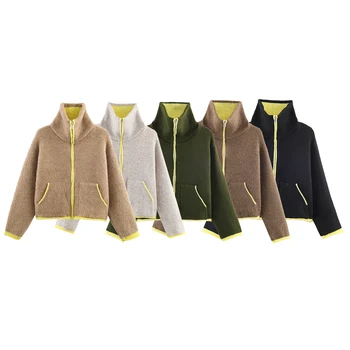 2025 Winter New Product Women's Lazy Style Loose Contrasting Color Decorative Layer Knitted Pilot Jacket Coat 1