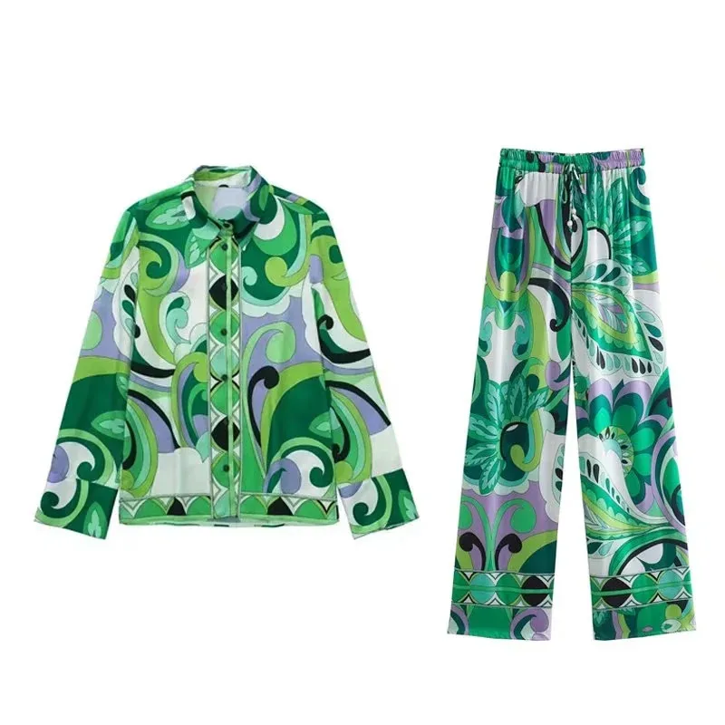 

SuperAen European and American Summer New Women's Casual Printed Pants Long Sleeve Shirts Women's Fashion Set