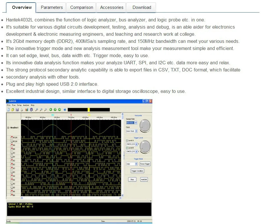 Hantek 4032L 32-Channel USB PC Logic Analyzer | 200K/400MSa/s Digital Oscilloscope TTL LVTTL CMOS Protocol Tester detail image 1