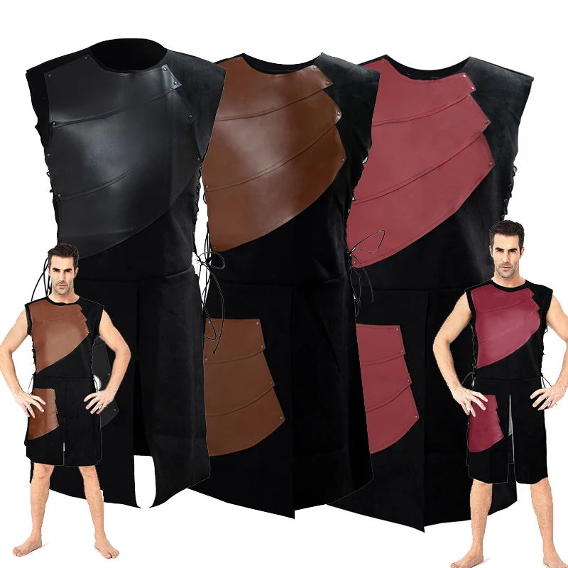 

Adult Men Medieval Archer Larp Knight Costume Black Warrior Armor Full Set Outfit Roman Solider Gear Coat Clothing For Boys
