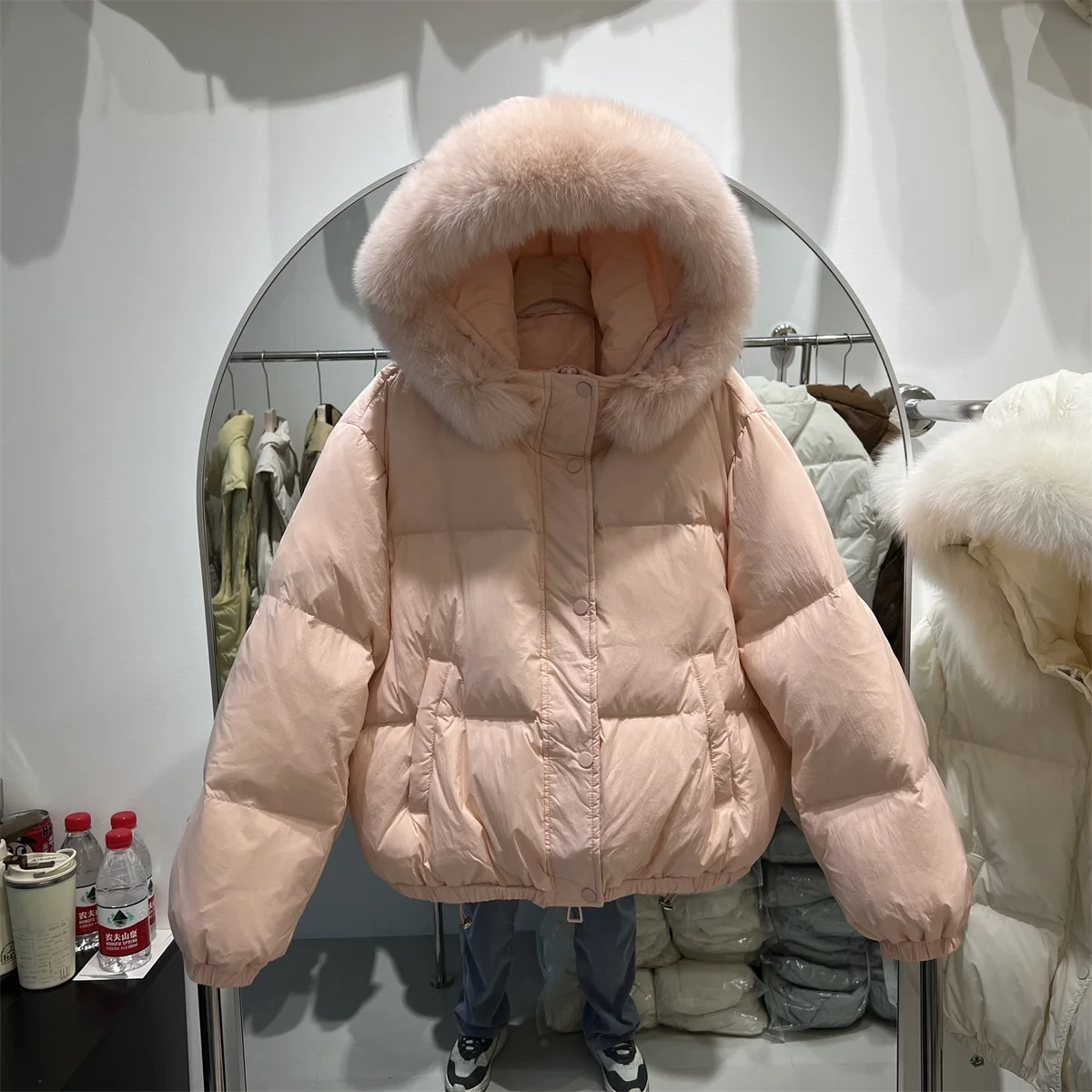 Big Fox Fur Collar Thick Loose Solid Color White Duck Down Coat Female 2023 Fall Winter New Warm Short Hooded Jacket Women