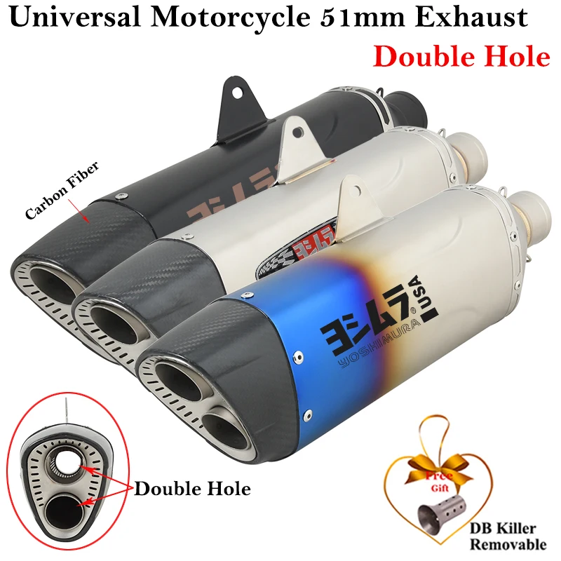 

Universal Motorcycle Double Hole 51mm Carbon Fiber Exhaust Pipe Silencer Escape For KTM790 Z900 CBR650 MT09 R1 Muffler DB Killer