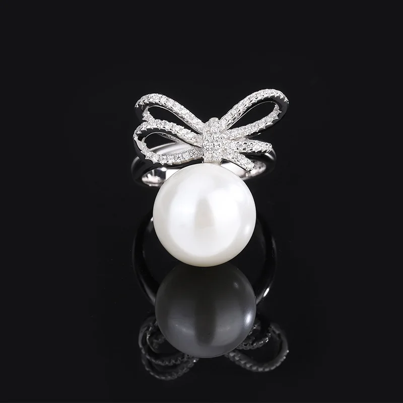 S925 Silver Inlaid Aobeimu Pearl Vintage Women's Versatile Bow Ring 14mm