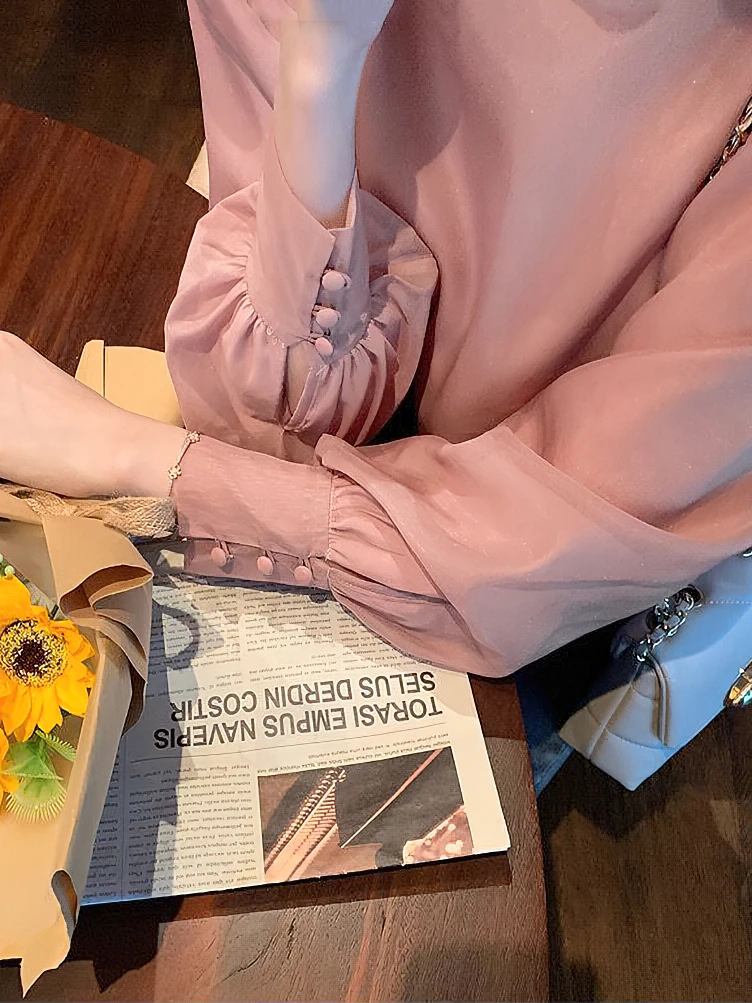 Women Elegant Puff Long Sleeve Chiffon Blouse with Bow ties Vintage Palace Luxury Lady Basic Shirt Female Top