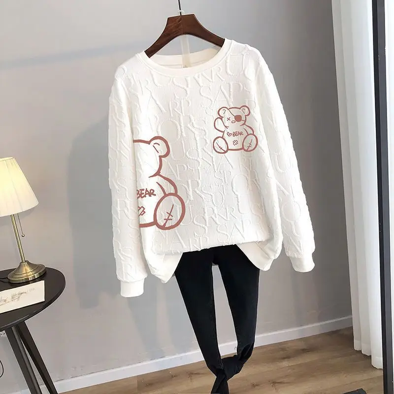 Spring Autumn Women's Pullover Round Neck Solid Cartoon Letter Printing Lantern Long Sleeve T-shirt Hoodies Casual Loose Tops