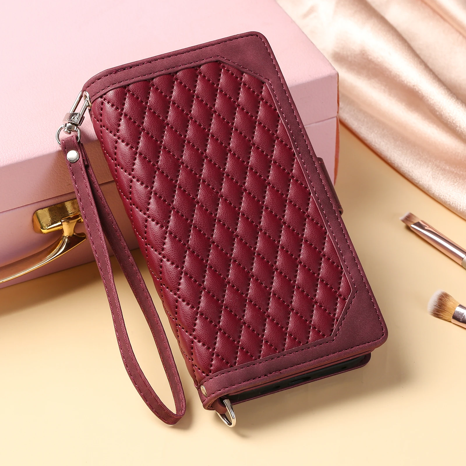 Fashion Zipper Wallet Case For Redmi 7 Flip Cover Multi Card Slots Cover Phone Case Card Slot Folio with Wrist Strap