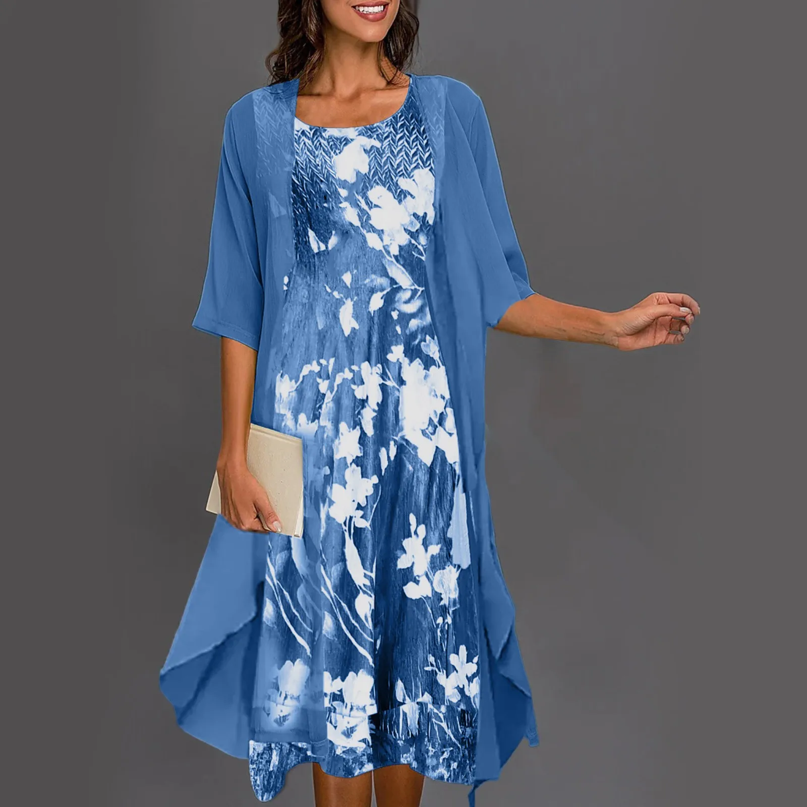 

Women'S Dresses Two-Piece Dress Printed Vest Medium Length Dress Cardigan Jacket Suit 2024 Summer Elegant Party Evening Vestido