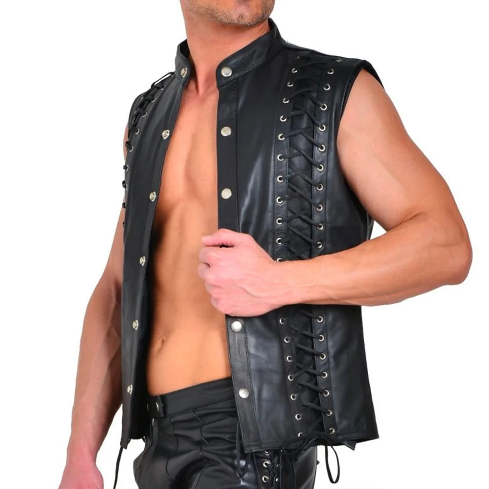 Men's Punk Style Leather Vests With Bandage Fashion Club Stage Wear Waistcoat Skinny PU Sleeveless Jacket For Male Size M-4XL 4