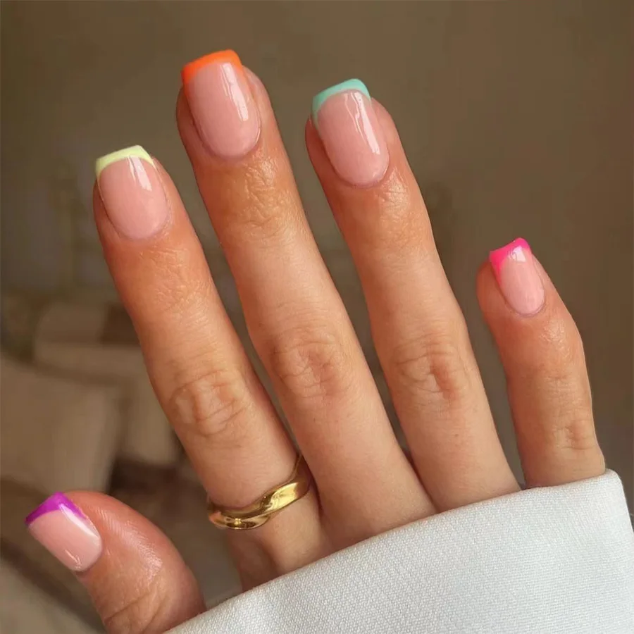 Fake Nails French Nails False Nails Spring Colorful French Fake Nail with Designs Short Square Head Press on False Nails Wearable Simple Jelly Sticks on Nails 24Pcs