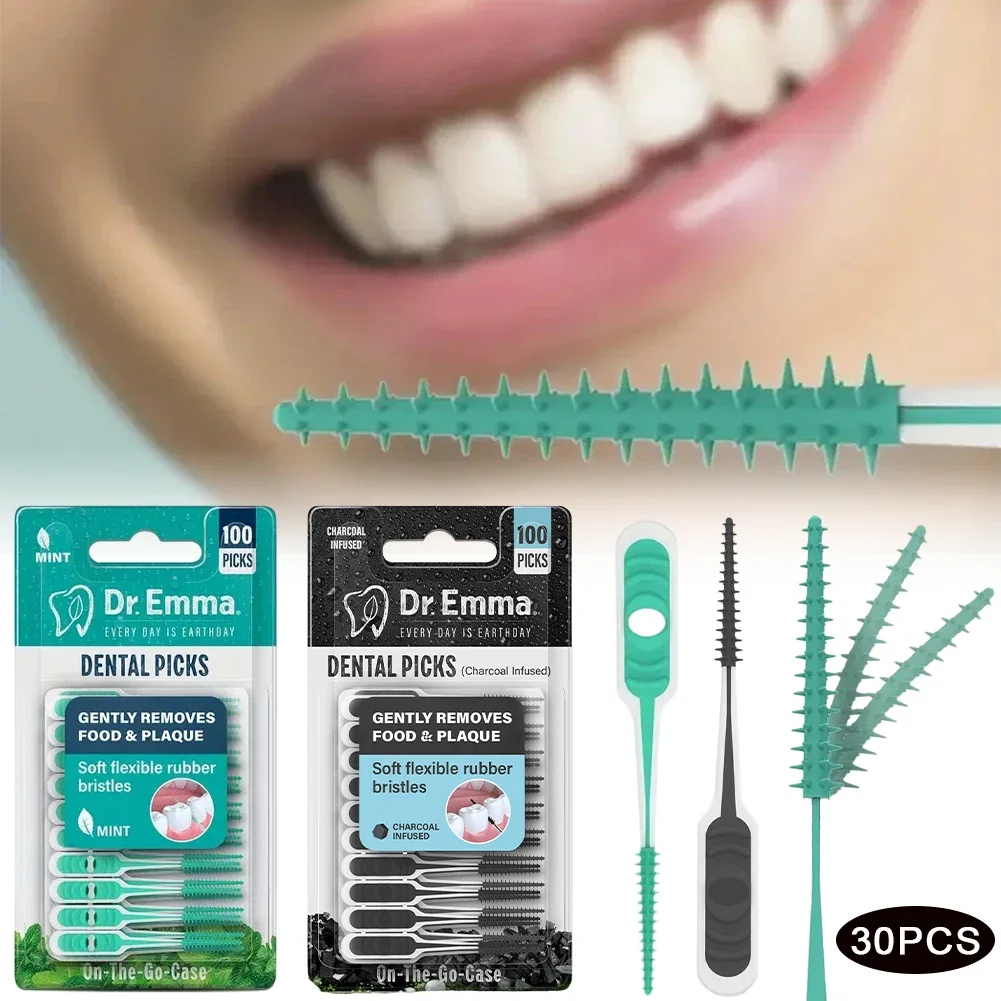 ? 100Pcs 부드러운 유연한 고무 치간 브러쉬, 민감한 잇몸을 위한 부드러운 음식물 제거 치실 스틱 휴대용 구강 관리