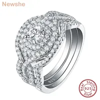 Newshe Wedding Rings Set for Women 3Pcs Stackable 925 Sterling Silver Bridal Luxury Jewelry Halo Round Cut AAAAA Cubic Zircon