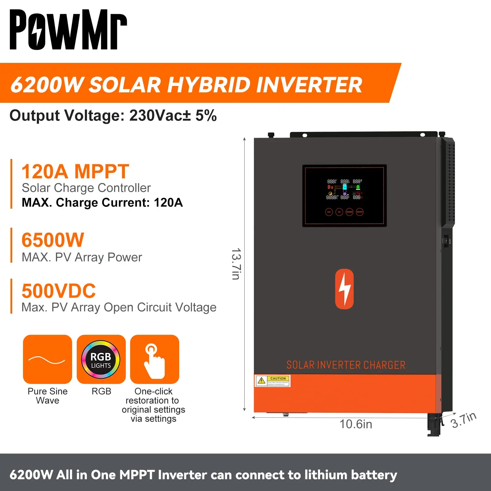  PowMr 6200W Solar Inverter 48V DC to 220-230VAC,Off-Grid  All-in-One Charger Hybrid Inverter with 120A MPPT Solar Charge Controller,  Work with 48V Lead Acid & Lithium Battery : Patio, Lawn & Garden