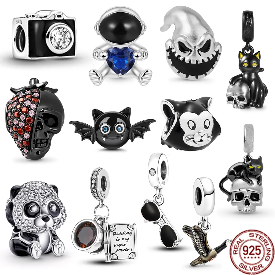 Nuovo 925 Sterling Silver Sparkling Cute Panda Astronaut Cat Loves Skull Ciondola Charm Beads Fit Original Pandora Bracciale Jewelry