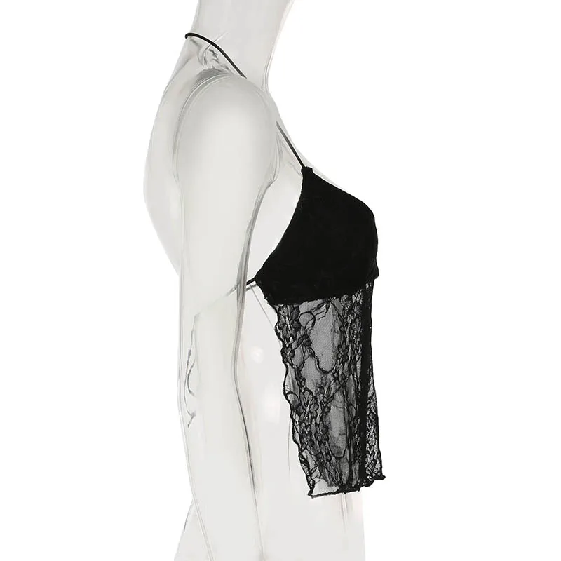 Camisola sexy con cordones y espalda descubierta para mujer, con retazos de encaje y cuello en V, top corto estilo halter Y2K, estilo urbano festivo
