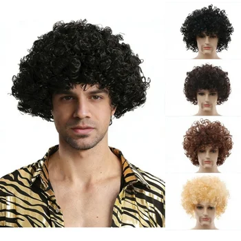 Parrucche sintetiche Berretti anni '70 Disco Hippie Rock Punk Afro Parrucche sintetiche Capelli ricci Uomo Donna Festa Halloween Cosplay Copricapo per capelli