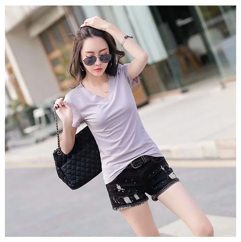 White V-neck Sleeved T-shirt for Women's Summer Wear 2024 New Korean Version Loose Half Sleeved T-shirt Short Upper Garment