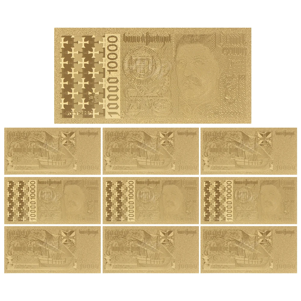 10 Pz/Set Banconota Placcata Oro Portogallo 10000 Denaro Falso Banconota Commemorativa Nota Souvenir Regalo Aziendale Per La Raccolta