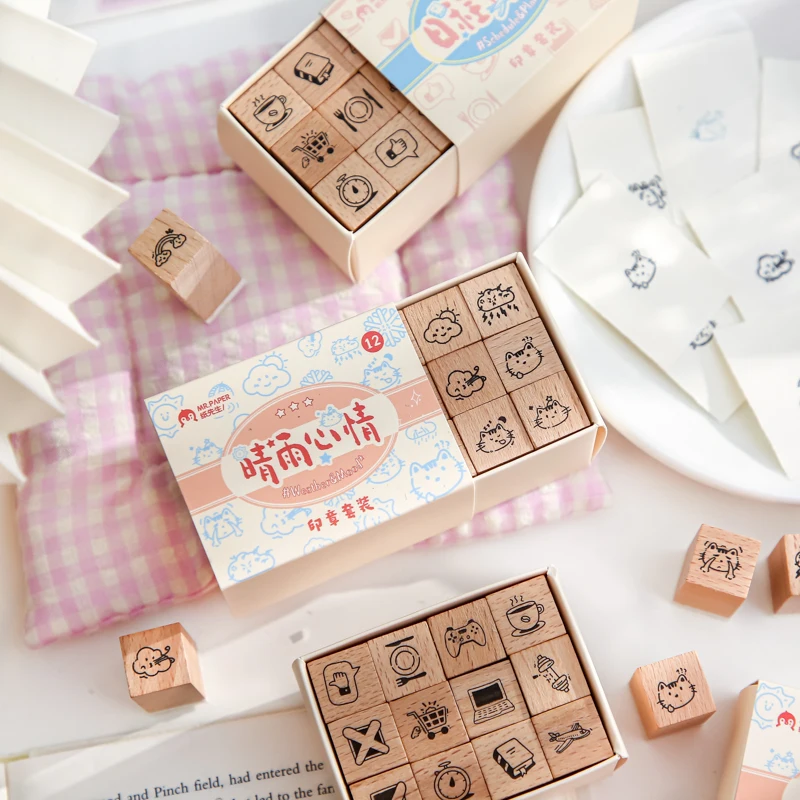 Wooden Stamps 12 Pcs/box Mini Cartoon for Scrapbooking