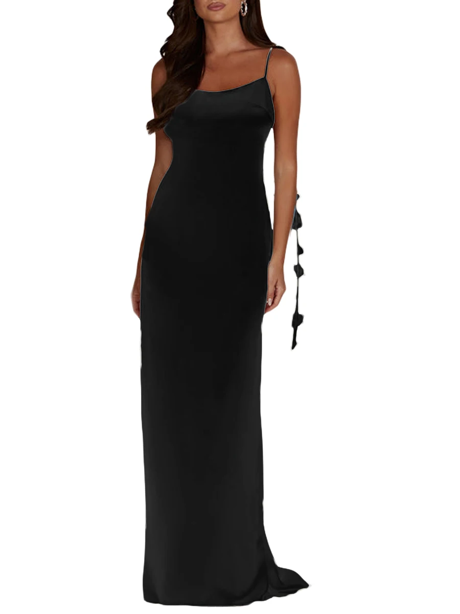 

Women Sexy Backless y2k Fairy Dresses Elegant Satin Sleeveless Spaghetti Strap Lace Up Bodycon Evening Long Dress Clubwear Party