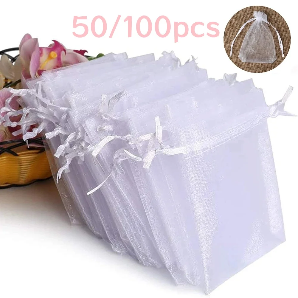 100/50 Stück weiße Organzabeutel, Schmuckverpackung, Hochzeit, Party, Geschenktüten, Kordelzug, Süßigkeitenbeutel, Weihnachten, kleine Aufbewahrungstasche