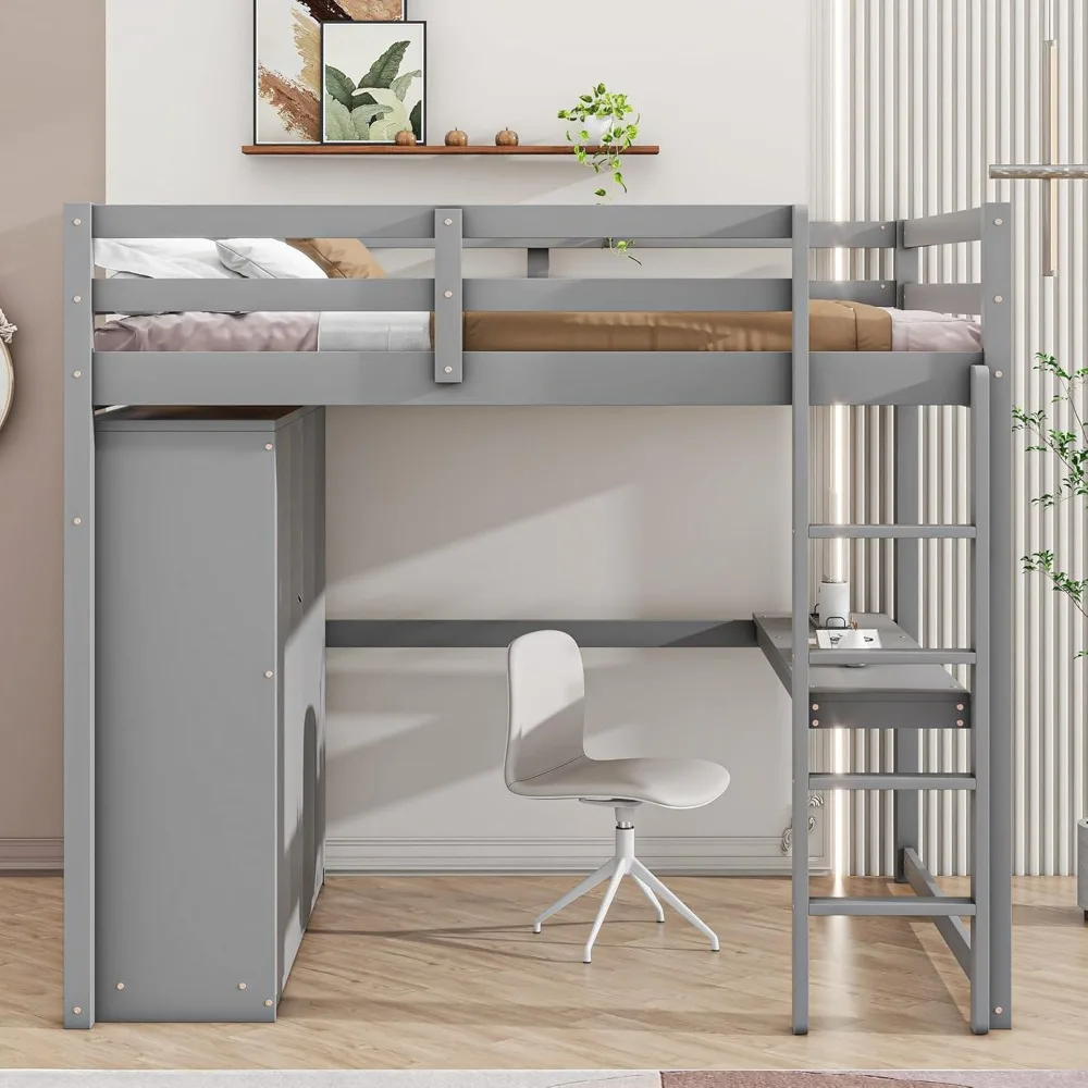 Full Size Loft Bed with Built-in Wardrobe, Desk, Storage Shelves and Drawers, Solid Wood Loft Bed Frame, Wardrobe 3