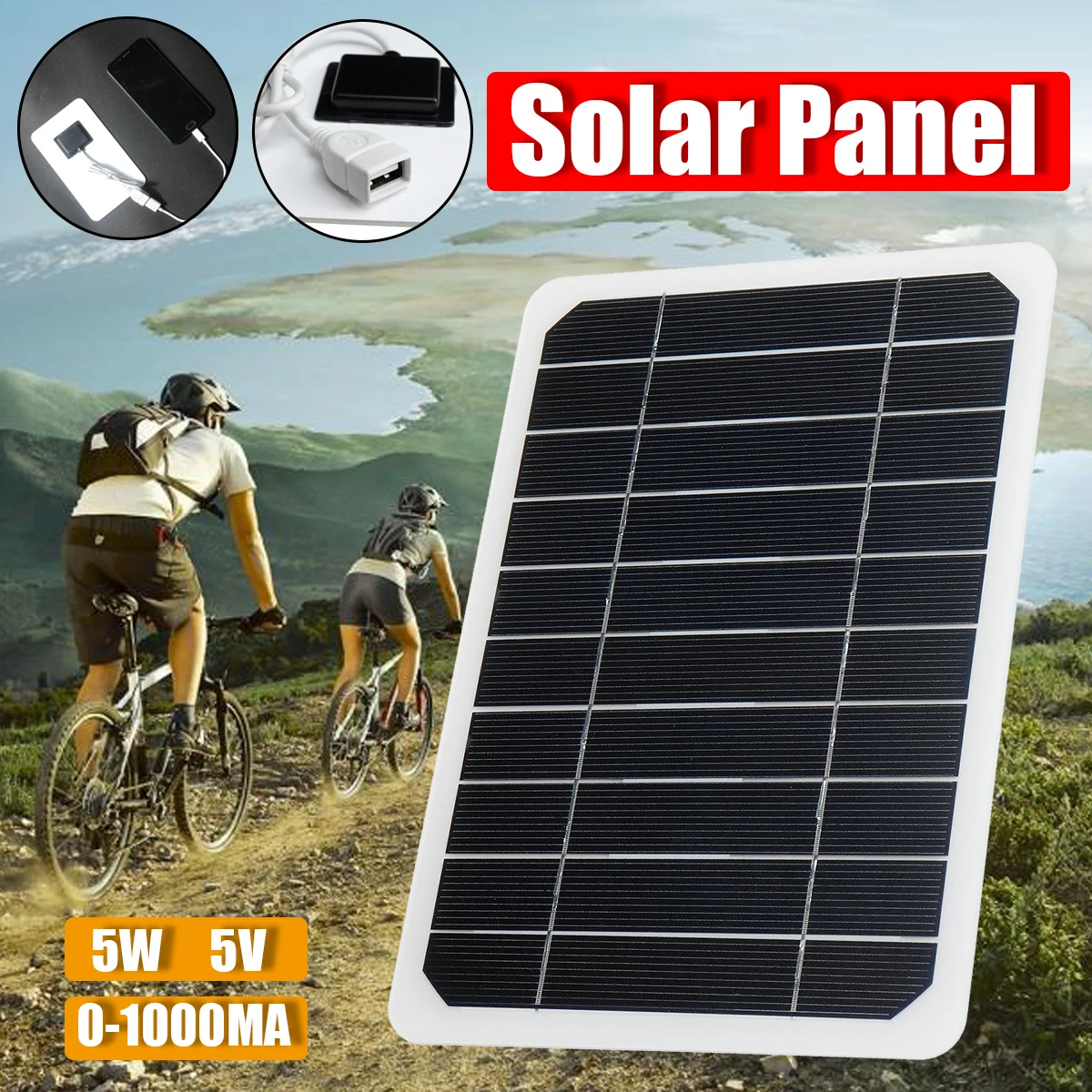 

5W 5V USB Monocrystalline Silicon Solar Panel Phone Car Battery Outdoor Charger System