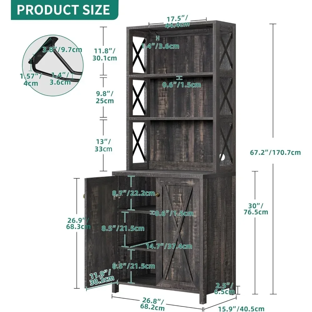 Wine Cabinet, 67" Tall Kitchen Storage Cabinet with Wine Rack, Open Storage Rack, Farmhouse Kitchen Cabinet with Wooden
