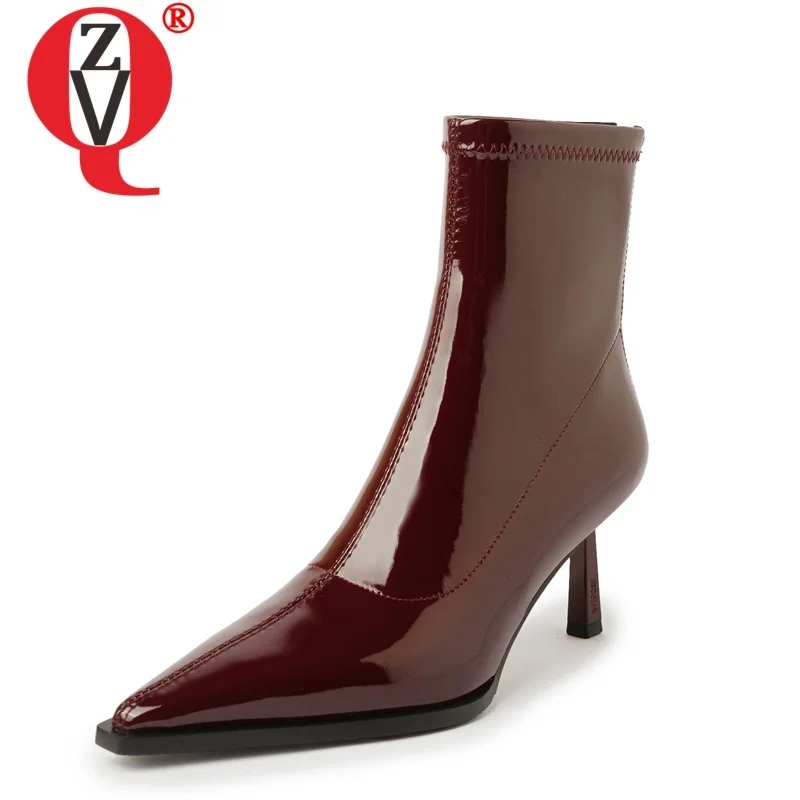 

ZVQ Woman Fashion Ankle Boots Pointed Toe High Heels Patent Leather Handmade High Quality Brand Shoes Back Zipper Party Booties