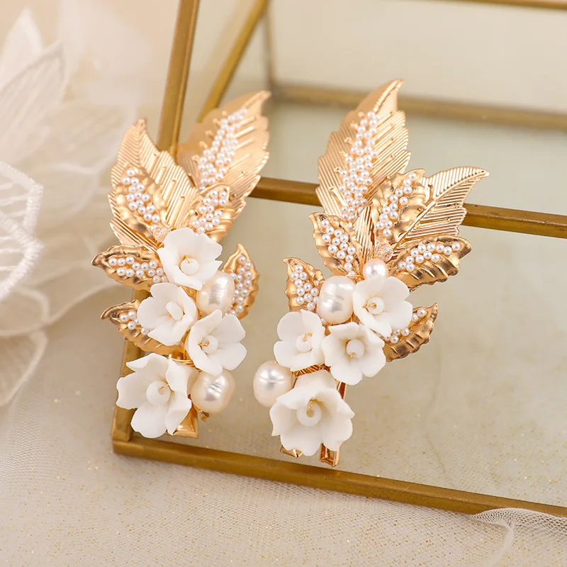 2pcs/lot Ceramic Flower Hairpins Metal Leaf Freshwater Pearl Hair Clips for Women Bridal Wedding Hair Accessories Bride Jewelry