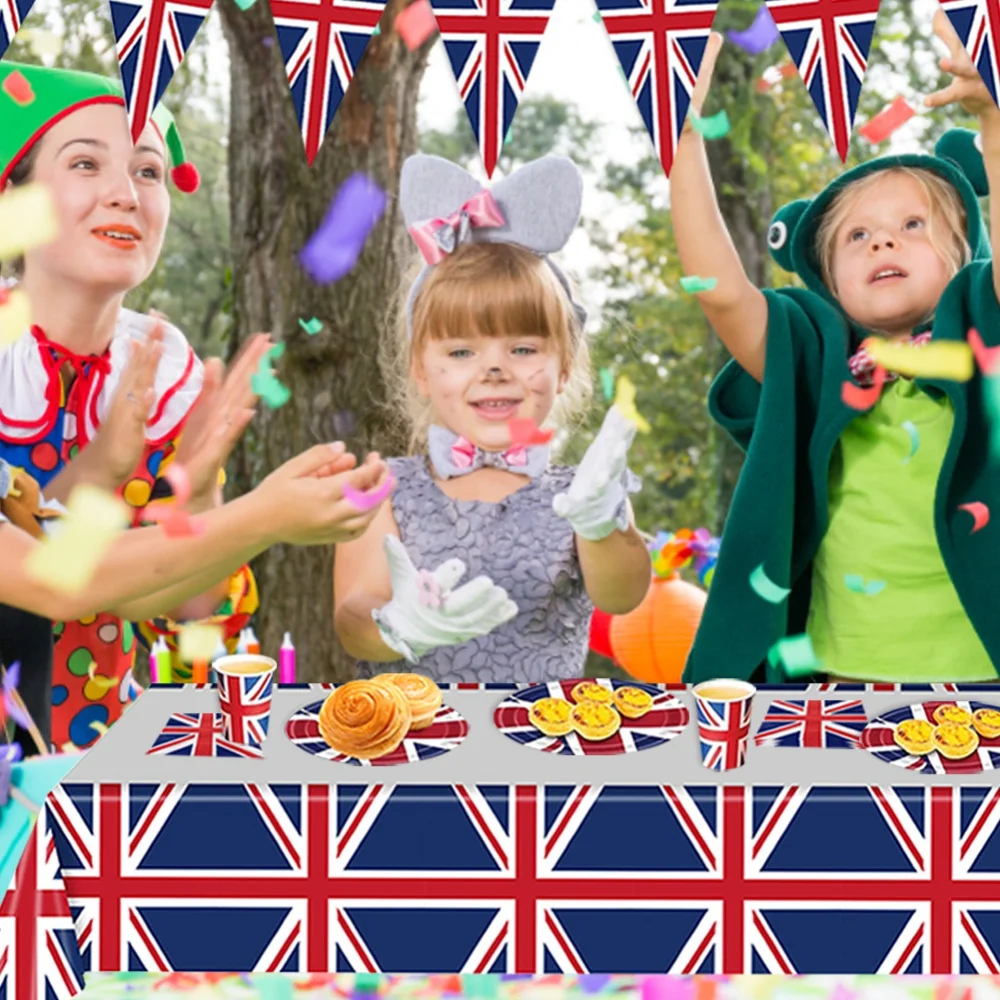 124Pcs UK British Flag Union Jack Party Supplies Tablecloth/Napkins/Cups/Paper Plates Dinnerware Set Hanging Banner Decoration 2