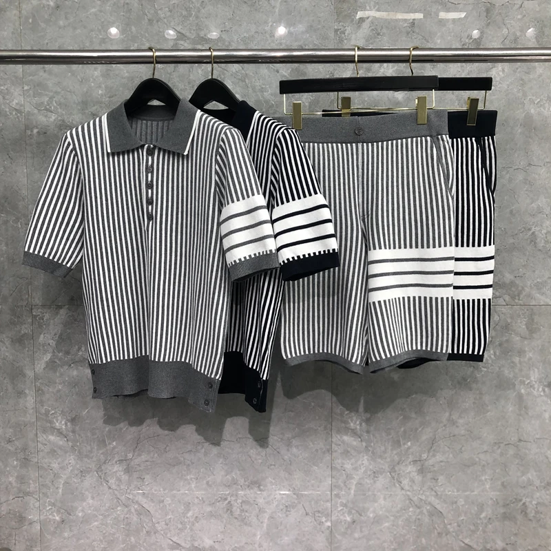 

TB THOM T Shirt For Men Pure Cotton Vertical Stripes Polo T-shirts 2023 Korean Fashion Men's Shorts Streetwear Casual Top Pants