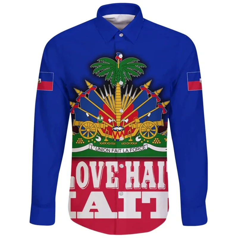 

Мужская рубашка с длинным рукавом, Повседневная винтажная уличная рубашка с 3D-принтом флага Гаити, Карибского моря, Гаити, Топ в стиле Харадзюку
