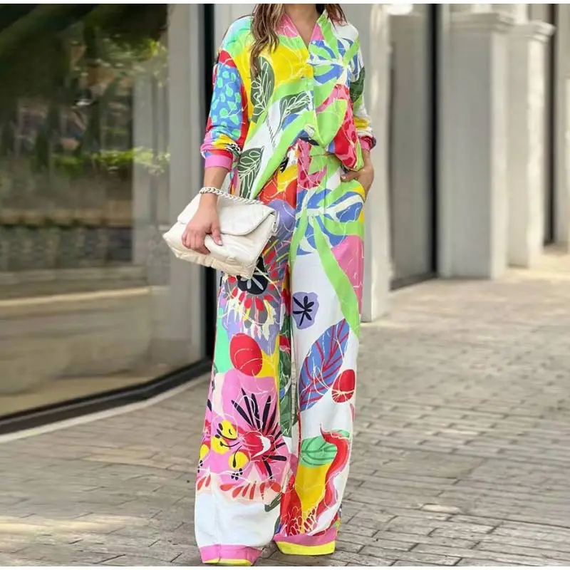 Loose Print Elegant Lapel Single Breasted Top Fashion Wide Leg Pants ...