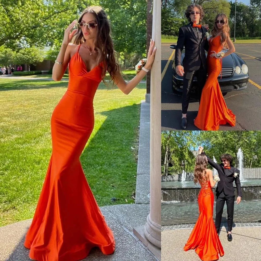 Simple fashion Mermaid Ball dress Sexy V-neck evening dress with halter neckline special occasion satin formal dress new