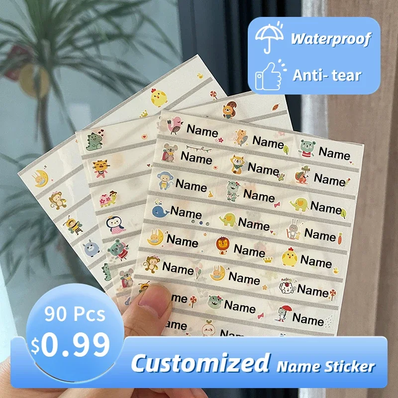 

90pcs Name Sticker Waterproof Custom Kawaii Stickers Personalized Washable Label for Children Cloth Ironing Pasting Tags