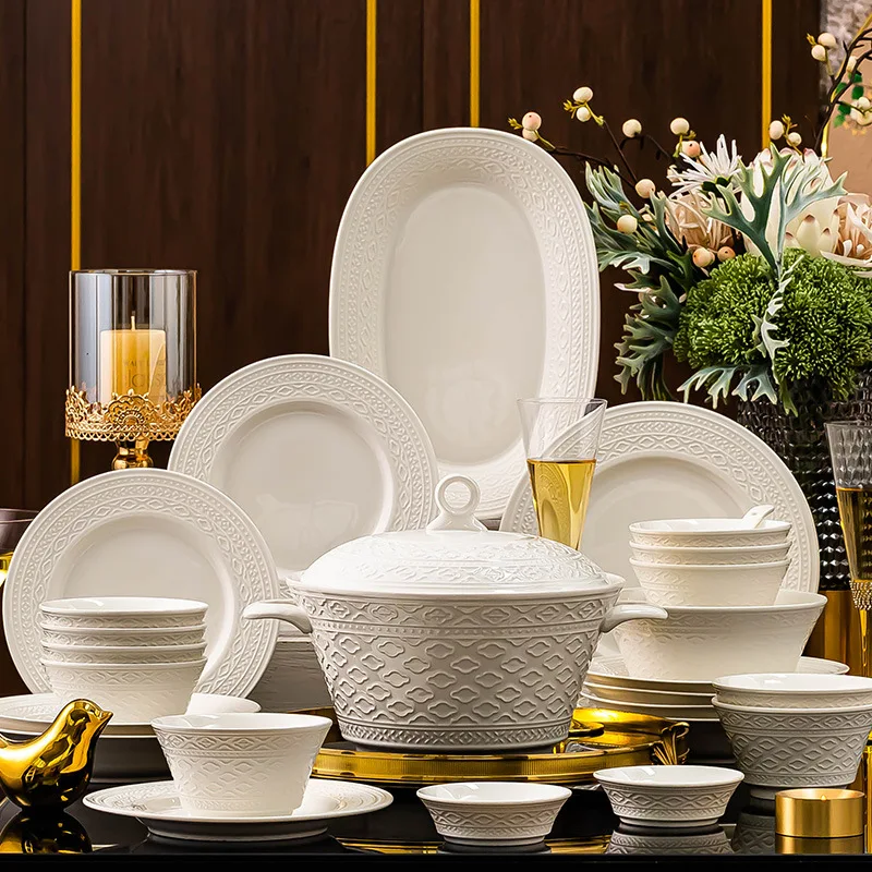Luxury White Nordic Relief Sculpture Ceramic Tableware Dishes Salad Soup Bowl Flat Plates Serving Tray Dinnerware Set