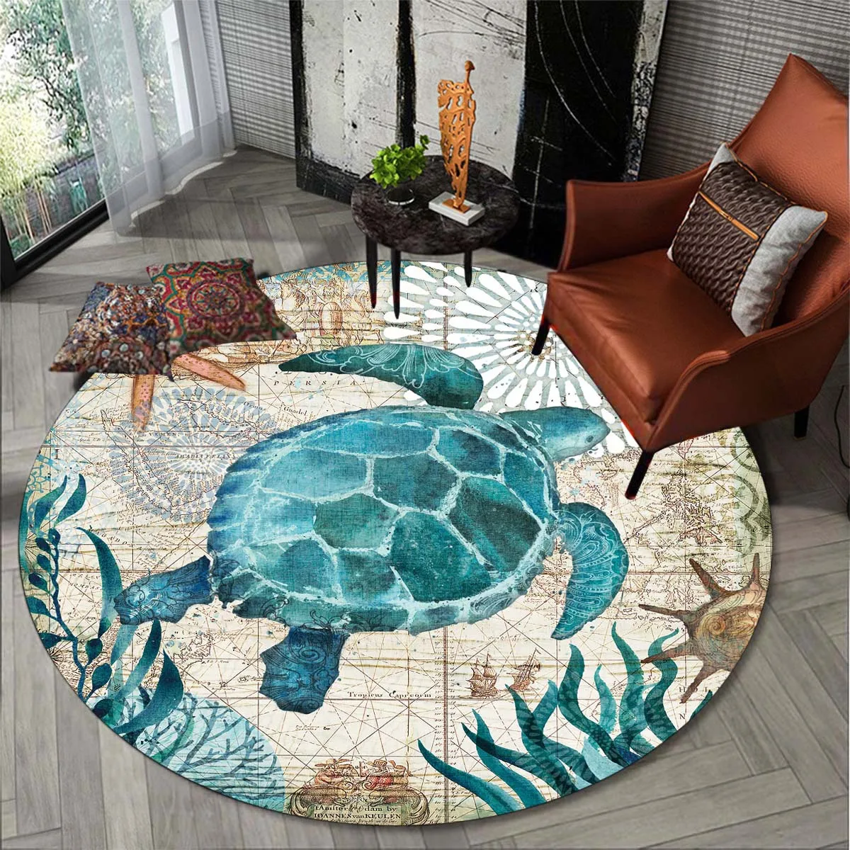 

Turtle Ocean Animal Nautical Round Large Area Carpets Living Room Bedroom Chair Mats Non-slip Yoga Mat Balcony Home Decor Rugs