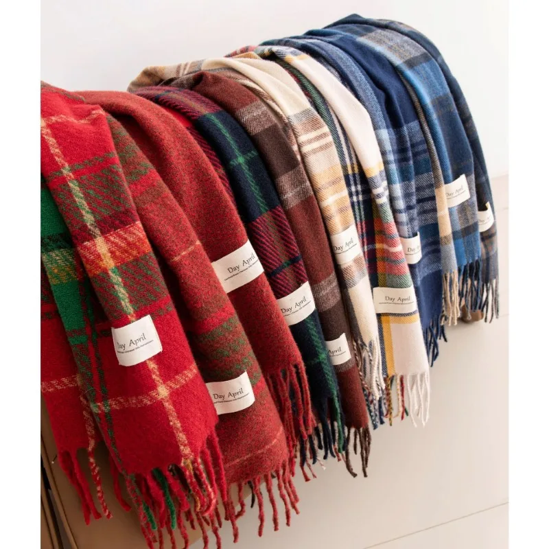 Autumn and Winter Christmas Plaid Scarf for Women Warm Imitation Cashmere Tassel Womens Christmas Scarf Shawl