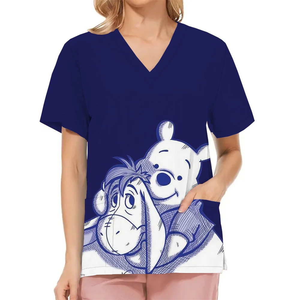 Winnie The Pooh Clinic Hospital Nurse Workwear Teeth 3D Printing T-shirt Women's V-neck Pocket Medical Clothing Nursing Top Work 4