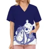 Winnie The Pooh Clinic Hospital Nurse Workwear Teeth 3D Printing T-shirt Women's V-neck Pocket Medical Clothing Nursing Top Work 4